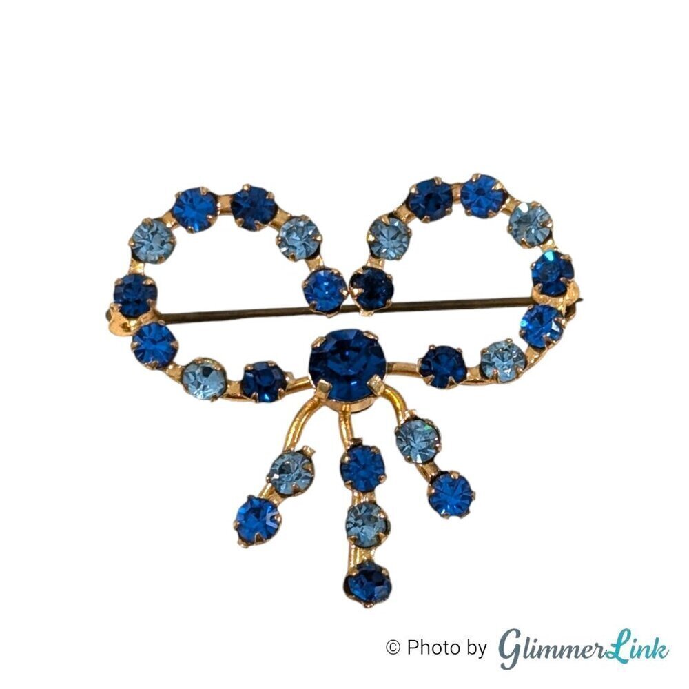 Vintage Blue Rhinestone Bow Gold Tone Brooch Pin